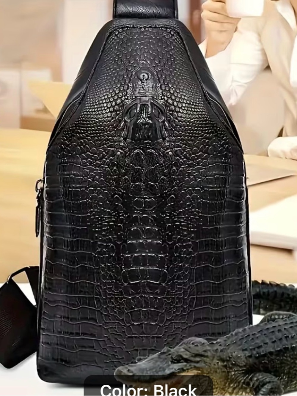 Men's Black Croc-Embossed Sling Bag